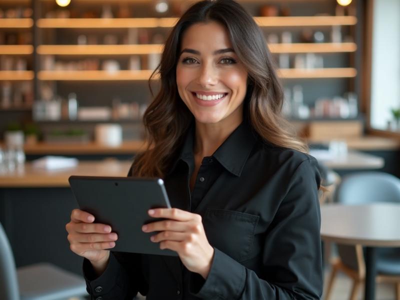 Manicure feliz e organizada usando sistema digital Simpli Gestão